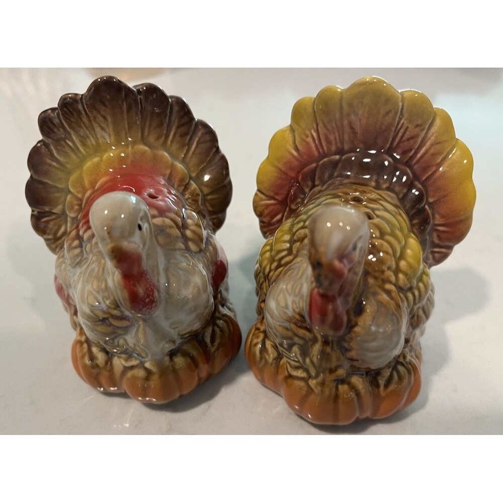 Ceramic Turkey Figural Salt & Pepper Shakers Set of 2 Brown Multicolor